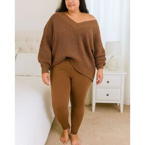Zenana Plus Size Two Piece V-Neck Sweater & Legging Set Size 1X Camel / Lt Brown